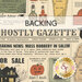 A swatch of cream fabric with a Halloween-themed newspaper/gazette design. A banner at the top reads 