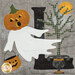 A close up on the L block, featuring a flying ghost with a pumpkin head and a trick or treat pumpkin bucket.