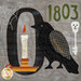 A close up on the O block, featuring a raven next to a candle and skeleton key.