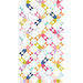 White fabric with a colorful cheater pattern with stars and various geometric designs from the Essence collection.
