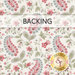 A swatch of cream fabric with floral paisley designs in red, blue, and green. A banner at the top reads 