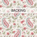 A swatch of cream fabric with floral paisley designs in red, blue, and green. A banner at the top reads 