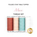 Four spools of pink, blush, blue, and white thread, isolated on a white background below a text graphic.