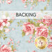 A swatch of vintage blue fabric with large pink florals. A transparent banner at the top reads 