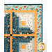 A super close up on the patchwork of the wall hanging, demonstrating color and print details.