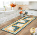 The completed Log Cabin Table Runner colored in autumn-themed fabrics from the I Love Fall Most Of All collection by Moda Fabrics, staged on a wooden table in a brightly lit kitchen, surrounded by coordinating decor.