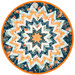 The completed Folded Star Table Topper colored in orange, blue, aqua, and cream fabrics from the I Love Fall Most of All, a circular project with folded points that radiate outward, isolated on a white background.