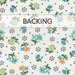 A swatch of white fabric with tossed blue, yellow, green, and orange flowers. A banner at the top reads 