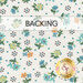 A swatch of white fabric with tossed blue, yellow, green, and orange flowers. A banner at the top reads 
