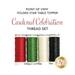 Four spools of thread in red, green, cream, and black, isolated on a white background underneath a text graphic that reads 