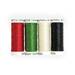 Four spools of thread in red, green, cream, and black, isolated on a white background.