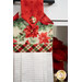 A super close up on the top of the towel, showing color and print details on the red, cream, and green fabrics.