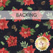 A swatch of black fabric with vibrant red watercolor poinsettias and tossed leaves and pinecones. A banner at the top reads 