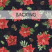 A swatch of black fabric with vibrant red watercolor poinsettias and tossed leaves and pinecones. A banner at the top reads 