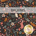 A swatch of brown fabric with scattered florals and various woodland animals. A banner at the top reads 