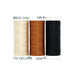 Three spools of cream, burnt orange, and black thread on a white background.