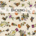 A swatch of cream fabric with small tossed owls, pumpkins, and fall motifs on a mottled background. A banner at the top reads 