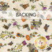 A swatch of cream fabric with small tossed owls, pumpkins, and fall motifs on a mottled background. A banner at the top reads 