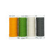 Four spools of thread in orange, green, cream, and dark gray, isolated on a white background.