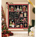 The completed The Most Wonderful Time BOM quilt decorated in red, green, and black Christmas fabrics from the Glisten collection, hung on a tan wall and bordered by cozy Christmas décor like presents, a decorated tree, and a green chair with a blanket thrown over the side.