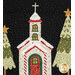 A close up on one of the window blocks, showcasing a snowy church and festive trees.