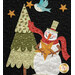 A close up on one of the window blocks, showcasing a snowman and bird decorating a tree.