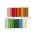 Eleven spools of thread in pink, red, orange, yellow, green, teal, and white, isolated on a white background.
