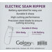 Image of an electric seam ripper packaging, highlighting features like durability, performance, and battery use.