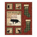 A red fabric panel with scattered tonal snowflakes, green checked stockings, black dogs and text that reads 