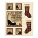 A cream fabric panel with scattered tonal snowflakes, red checked stockings, black cats and text that reads 
