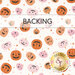 A white fabric swatch with tossed pink and orange pumpkins and stars. A transparent banner at the top reads 