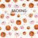A white fabric swatch with tossed pink and orange pumpkins and stars. A transparent banner at the top reads 