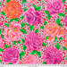 Red fabric with magenta and orange roses on a light blue floral background.