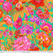 Bright aquamarine fabric with various bright garden flowers.