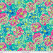 Aqua fabric with tossed blue and pink variegated flowers.