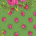 Grass green fabric with bright pink roses with small rosebuds in the background.