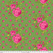 Grass green fabric with bright pink roses with small rosebuds in the background.