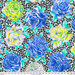 Very light blue fabric with blue and brilliant yellow roses on a black floral background.