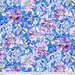 Blue fabric with tossed blue and purple variegated flowers.