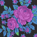 Black fabric with bright magenta roses with small rosebuds in the background.