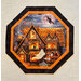 Mockup of a completed panel table topper in orange and black fabrics in a Halloween theme.
