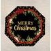 Mockup of a completed panel table topper in black, green, and red fabrics with the words "Merry Christmas" centered.