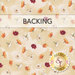 A swatch of mottled cream fabric with tossed red, orange, and white flowers. A banner at the top reads 