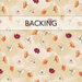 A swatch of mottled cream fabric with tossed red, orange, and white flowers. A banner at the top reads 