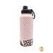The Shabby Fabrics water bottle in light Shabby pink and contrasting black, isolated on a white background, showing rows of quilting themed phrases wrapping around the bottle. 