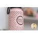 A super close up on the water bottle, showcasing the Shabby Fabrics logo in black surrounded by rows of quilting themed phrases.