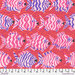 Red fabric featuring oceanic fish and wavy stripes with a 12