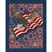 Panel featuring a bald eagle with an American flag over a background of smaller American flag pinwheels and a navy blue background.