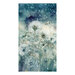 A fabric panel featuring dandelion puffs and dragonflies on a soft turquoise watercolor background. 