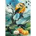 A fabric panel from Raven's Call from Northcott fabrics featuring a group of ravens on a spooky tree with pumpkins. 